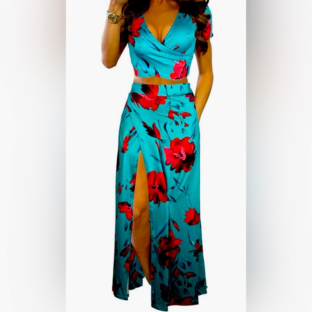 Aro Lora Women's Sexy V Neck Floral Printed Side Slit Two-Piece Maxi Dress